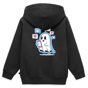 Fantôme mignon avec smartphone - Sweat Premium à capuche zippé enfant bio - noir - Dos - AI Model Kid Male (0cm)