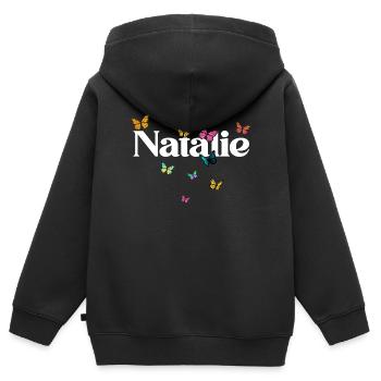Beau prénom de fille avec des papillons NATALIE - Sweat Premium à capuche zippé enfant bio - noir - Dos - AI Model Kid Male (0cm)