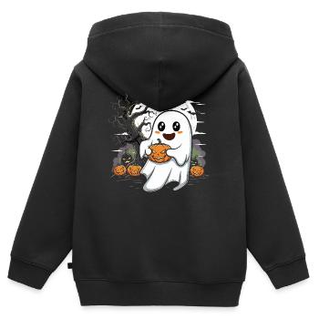 Niedlicher Geist mit Kürbislaterne - Kinder Premium Organic Zip Hoodie - Schwarz - Hinten - AI Model Kid Male (0cm)