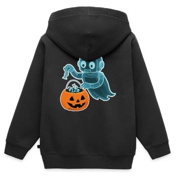 Gespenstischer Minibot mit Kürbiskorb - Kinder Premium Organic Zip Hoodie - Schwarz - Hinten - AI Model Kid Male (0cm)