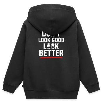 Nicht gut aussehen, besser aussehen - Kinder Premium Organic Zip Hoodie - Schwarz - Hinten - AI Model Kid Male (0cm)