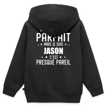 Jason: authentisch, unvollkommen, oben, Perfektion - Kinder Premium Organic Zip Hoodie - Schwarz - Hinten - AI Model Kid Male (0cm)