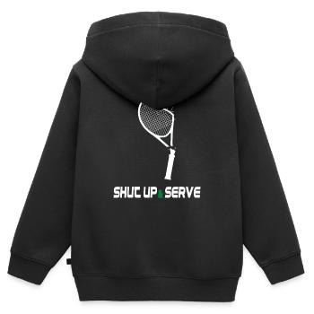 Shut Up & Serve – Lustiges Tennis Design - Kinder Premium Organic Zip Hoodie - Schwarz - Hinten - AI Model Kid Male (0cm)