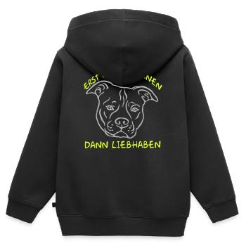 "Erst Kennenlernen - Dann Liebhaben" Staffordshire - Kinder Premium Organic Zip Hoodie - Schwarz - Hinten - AI Model Kid Male (0cm)