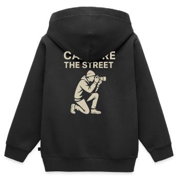 Capture de la rue – Chemise de photographie de rue - Sweat Premium à capuche zippé enfant bio - noir - Dos - AI Model Kid Male (0cm)