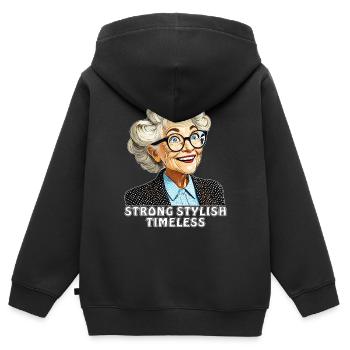 ÄLTERE FRAU STRONG STYLISH TIMELESS - Kinder Premium Organic Zip Hoodie - Schwarz - Hinten - AI Model Kid Male (0cm)