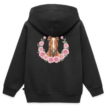 cheval brun - Sweat Premium à capuche zippé enfant bio - noir - Dos - AI Model Kid Male (0cm)