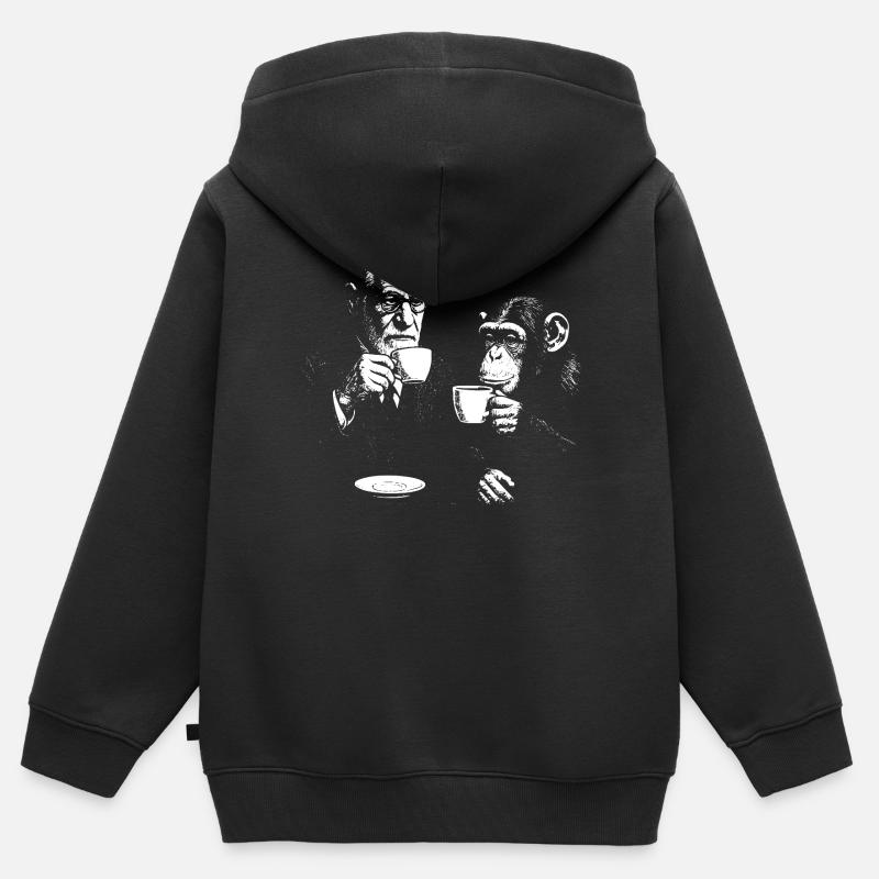 Sigmund Freud buvant du café avec un singe - Sweat Premium à capuche zippé enfant bio - noir