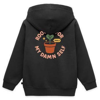 Croissance consciente, Renouvellement printanier, - Sweat Premium à capuche zippé enfant bio - noir - Dos - AI Model Kid Male (0cm)