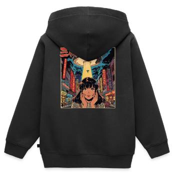 Manga OVNI Invasion Neon City - Sweat Premium à capuche zippé enfant bio - noir - Dos - AI Model Kid Male (0cm)