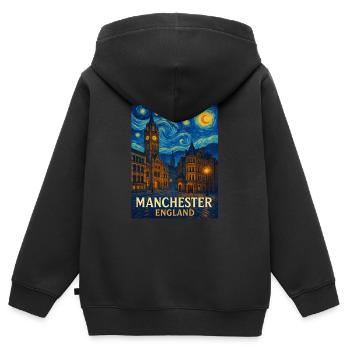 Manchester, Angleterre - Sweat Premium à capuche zippé enfant bio - noir - Dos - AI Model Kid Male (0cm)