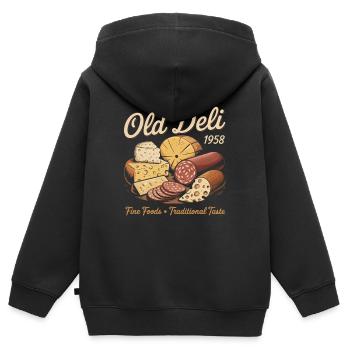 Publicité d’épicerie fine vintage - Sweat Premium à capuche zippé enfant bio - noir - Dos - AI Model Kid Male (0cm)