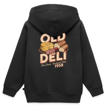 Publicité d’épicerie fine vintage - Sweat Premium à capuche zippé enfant bio - noir - Dos - AI Model Kid Male (0cm)