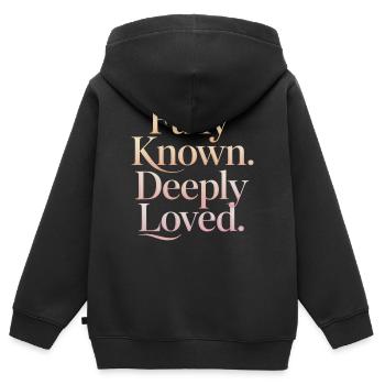 Pleinement connu Profondément aimé Encouragement chrétien - Sweat Premium à capuche zippé enfant bio - noir - Dos - AI Model Kid Male (0cm)
