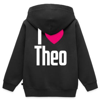 I Love Theo Pinkes Herz Ich liebe Theo - Kinder Premium Organic Zip Hoodie - Schwarz - Hinten - AI Model Kid Male (0cm)