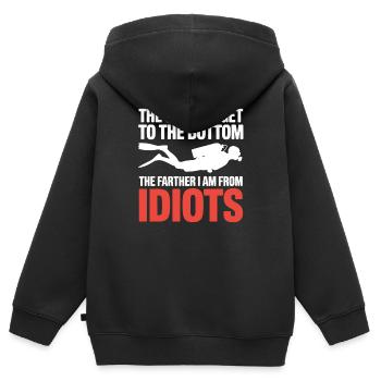 Plongée en bas : Plus proche plus loin des idiots - Sweat Premium à capuche zippé enfant bio - noir - Dos - AI Model Kid Male (0cm)