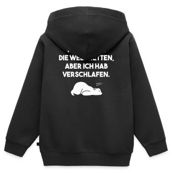 Welt retten? Zu müde – Rettungsplan Humor Shirt - Kinder Premium Organic Zip Hoodie - Schwarz - Hinten - AI Model Kid Male (0cm)