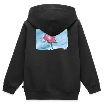 Rose aquarelle sur bleu ciel - Sweat Premium à capuche zippé enfant bio - noir - Dos - AI Model Kid Male (0cm)