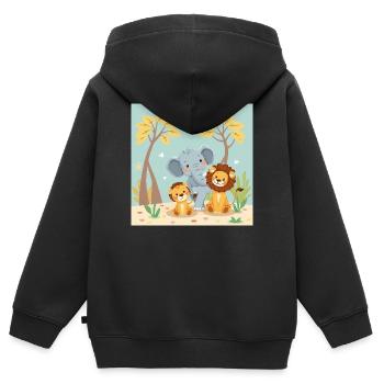 Trio Animal Doux Lionceau Éléphant - Sweat Premium à capuche zippé enfant bio - noir - Dos - AI Model Kid Male (0cm)