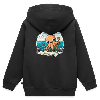 Calmar heureux sur la plage - Sweat Premium à capuche zippé enfant bio - noir - Dos - AI Model Kid Male (0cm)