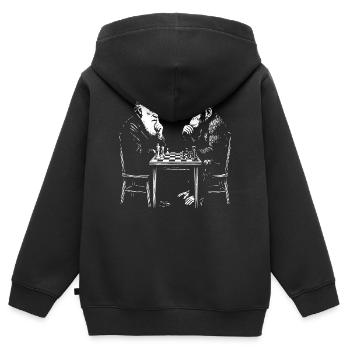 Darwin joue aux échecs avec un singe - Jeu d’évolution - Sweat Premium à capuche zippé enfant bio - noir - Dos - AI Model Kid Male (0cm)