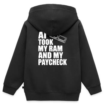 KI hat meinen RAM und mein Gehalt genommen - Kinder Premium Organic Zip Hoodie - Schwarz - Hinten - AI Model Kid Male (0cm)