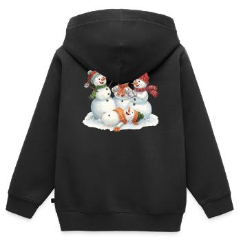 Vier lachende Schneemänner bei Schneeballschlacht - Kinder Premium Organic Zip Hoodie - Schwarz - Hinten - AI Model Kid Male (0cm)