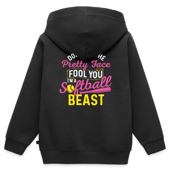 Ne te laisse pas tromper par la jolie face de softball - Sweat Premium à capuche zippé enfant bio - noir - Dos - AI Model Kid Male (0cm)