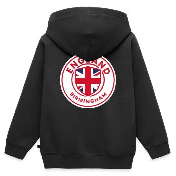 Insigne britannique en rouge, blanc, bleu - Sweat Premium à capuche zippé enfant bio - noir - Dos - AI Model Kid Male (0cm)