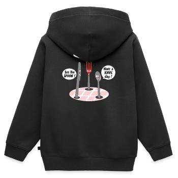 GABEL, BIS ZUM LÖFFEL, HAB EINEN MESSERTAG! - Kinder Premium Organic Zip Hoodie - Schwarz - Hinten - AI Model Kid Male (0cm)