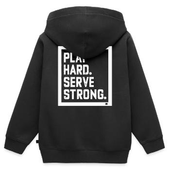 Joue dur Serve fort - Sweat Premium à capuche zippé enfant bio - noir - Dos - AI Model Kid Male (0cm)