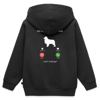Berger australien appelle « Je dois y aller maman - Sweat Premium à capuche zippé enfant bio - noir - Dos - AI Model Kid Male (0cm)