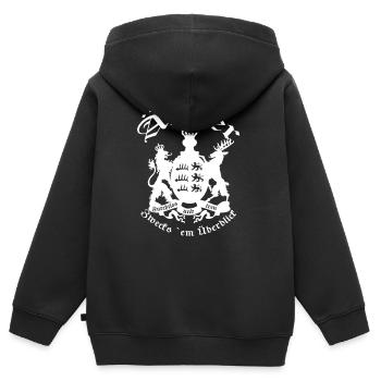 ÄLBLER ZWECKS ´EM ÜBERBLICK - WHITE FONT - Kinder Premium Organic Zip Hoodie - Schwarz - Hinten - AI Model Kid Male (0cm)