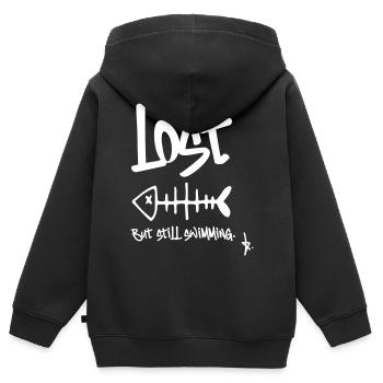 LOST – Mais je nage encore | Conception en arête de poisson - Sweat Premium à capuche zippé enfant bio - noir - Dos - AI Model Kid Male (0cm)