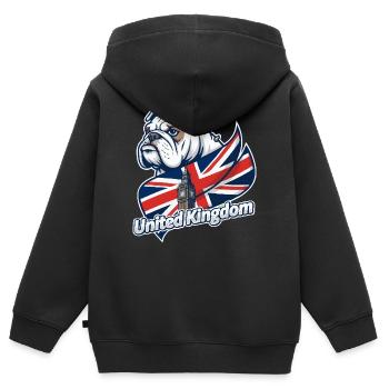Bouledogue avec drapeau britannique et Big Ben - Sweat Premium à capuche zippé enfant bio - noir - Dos - AI Model Kid Male (0cm)