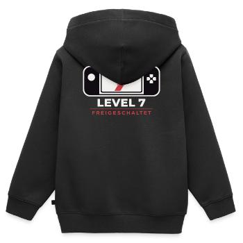 Chemise déverrouillée NIVEAU 7 – Anniversaire de jeu - Sweat Premium à capuche zippé enfant bio - noir - Dos - AI Model Kid Male (0cm)
