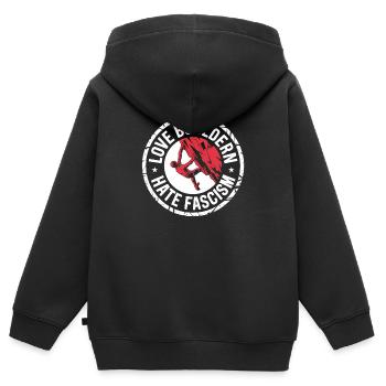 J’adore Bouldern, je déteste le fascisme - Produits dérivés antifascistes - Sweat Premium à capuche zippé enfant bio - noir - Dos - AI Model Kid Male (0cm)