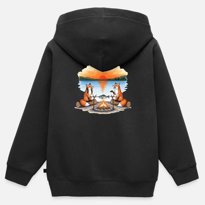 Feu de camp Fox au coucher du soleil au bord du lac - Sweat Premium à capuche zippé enfant bio - noir