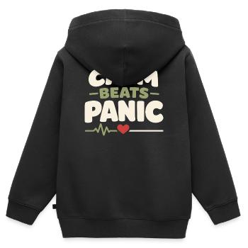 Le calme l’emporte sur la panique, le mode de vie, - Sweat Premium à capuche zippé enfant bio - noir - Dos - AI Model Kid Male (0cm)
