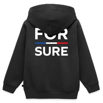 macron For sure - Kids Premium Organic Zip-up Hoodie - black - Back - AI Model Kid Male (0cm)