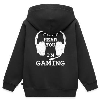 Je ne t’entends pas, je joue - Sweat Premium à capuche zippé enfant bio - noir - Dos - AI Model Kid Male (0cm)