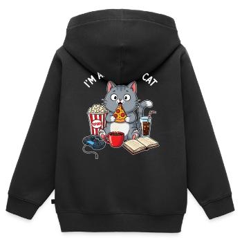 Chat d’intérieur - Drôle de gamer de chats et design de pizza - Sweat Premium à capuche zippé enfant bio - noir - Dos - AI Model Kid Male (0cm)