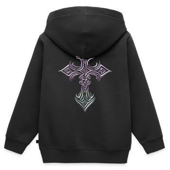 Croix en filigrane irisé - Sweat Premium à capuche zippé enfant bio - noir - Dos - AI Model Kid Male (0cm)