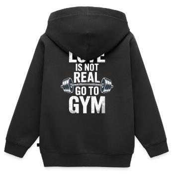 Liebe ist nicht real - ab ins Gym Design - Kinder Premium Organic Zip Hoodie - Schwarz - Hinten - AI Model Kid Male (0cm)