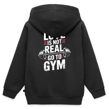 Liebe ist nicht real - ab ins Gym Design - Kinder Premium Organic Zip Hoodie - Schwarz - Hinten - AI Model Kid Male (0cm)