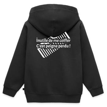 ICH MUSS MEINE HAARE NICHT MACHEN, ES IST EIN VERLORENER KAMM! - Kinder Premium Organic Zip Hoodie - Schwarz - Hinten - AI Model Kid Male (0cm)
