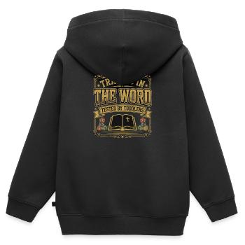 Trained In The Word Tested By Toddlers Christliche - Kinder Premium Organic Zip Hoodie - Schwarz - Hinten - AI Model Kid Male (0cm)