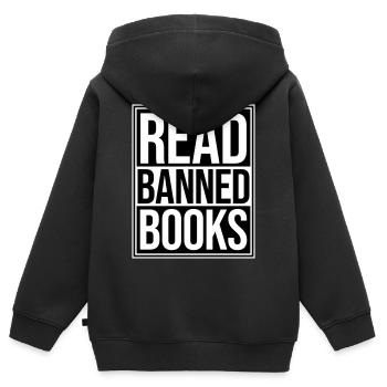 Lire des livres interdits Verbotene Bücher Lesen Freiheit - Sweat Premium à capuche zippé enfant bio - noir - Dos - AI Model Kid Male (0cm)