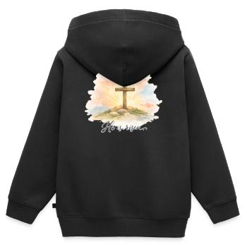 Résurrection Il est Jésus de Pâques ressuscité - Sweat Premium à capuche zippé enfant bio - noir - Dos - AI Model Kid Male (0cm)