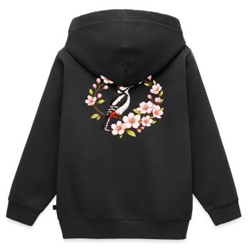 Grand pic tacheté avec motif printanier de cerisiers - Sweat Premium à capuche zippé enfant bio - noir - Dos - AI Model Kid Male (0cm)